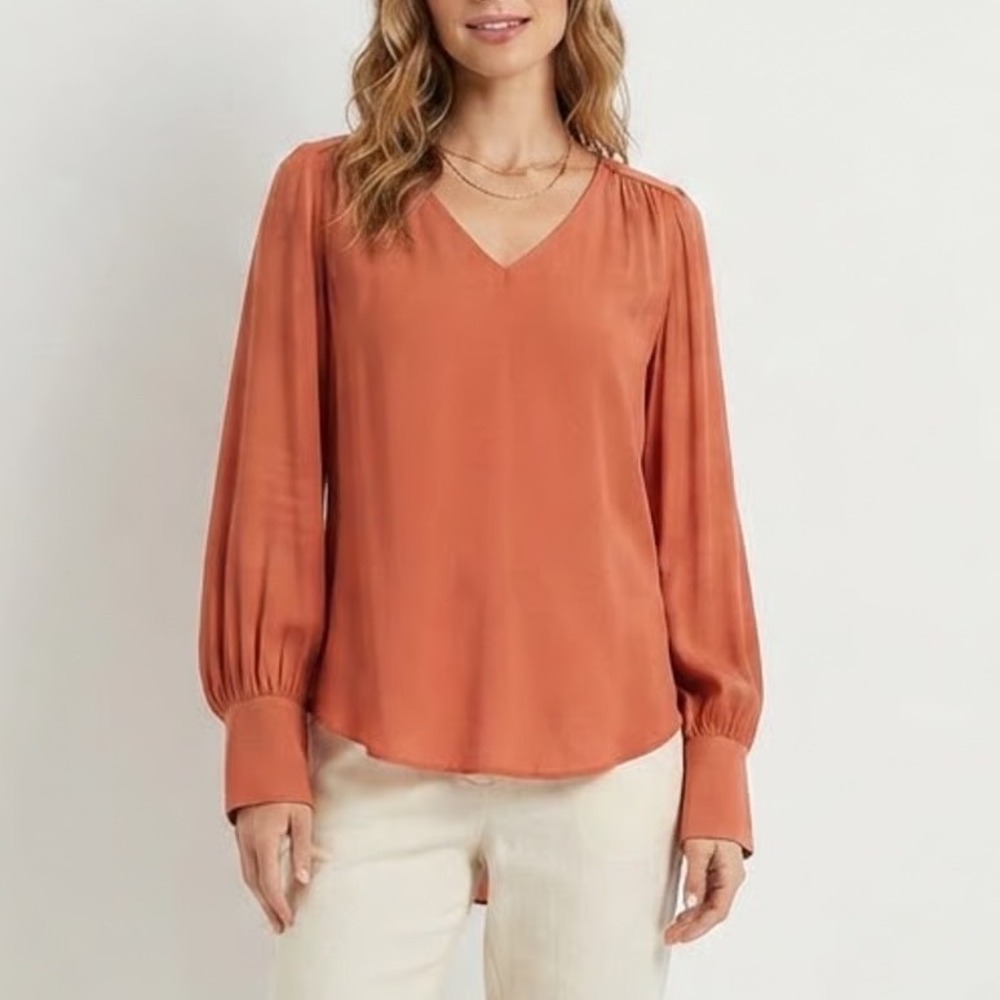 Maison d'Amelie Paris Womens Large Terracotta Orange V-Neck Bishop Sleeve Blouse